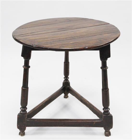 An 18th century and later oak and fruitwood cricket table, W.2ft 1in.